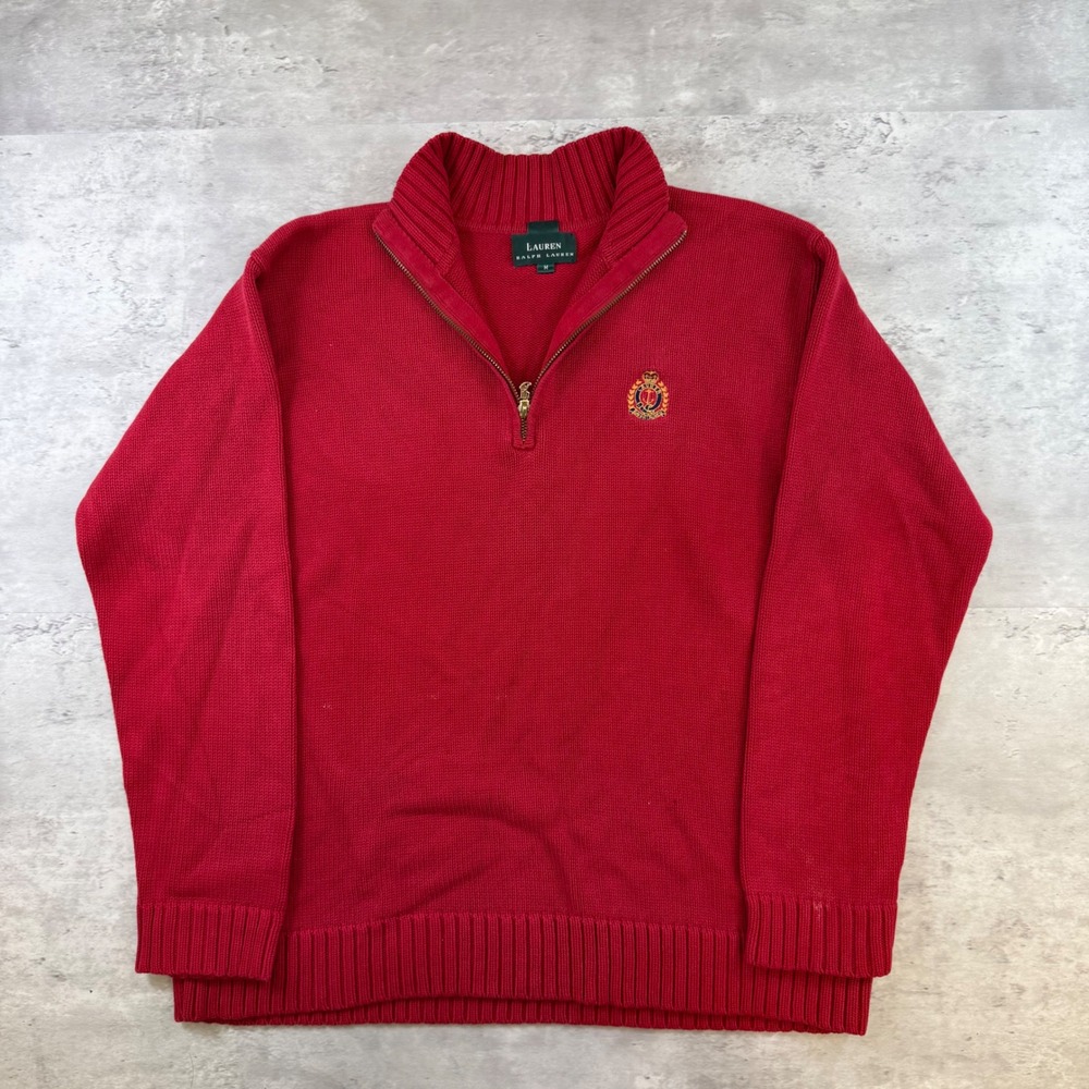 Lauren Ralph Lauren Mens Red Quarter Zip‎ Crest Logo Cotton Knit Sweater Size M